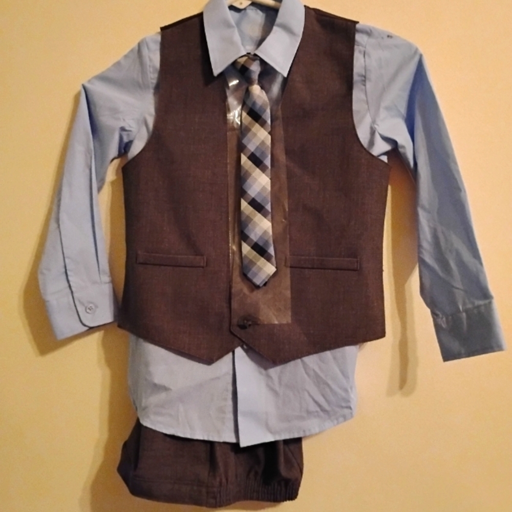 Children's Brown Vest Set with Blue Shirt
